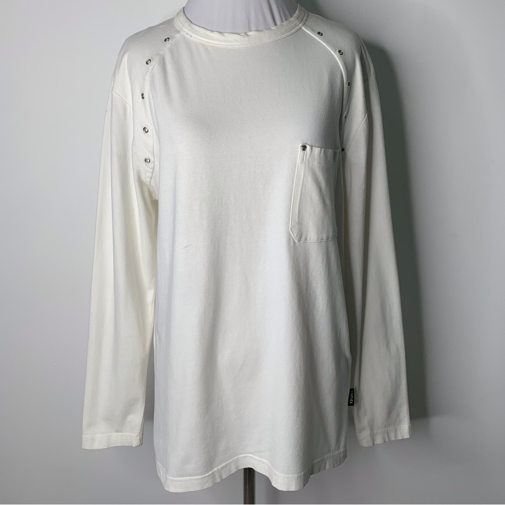 Versace Women's White Medusa Stud Long Sleeve Chest Pocket Crew Neck Shirt Small